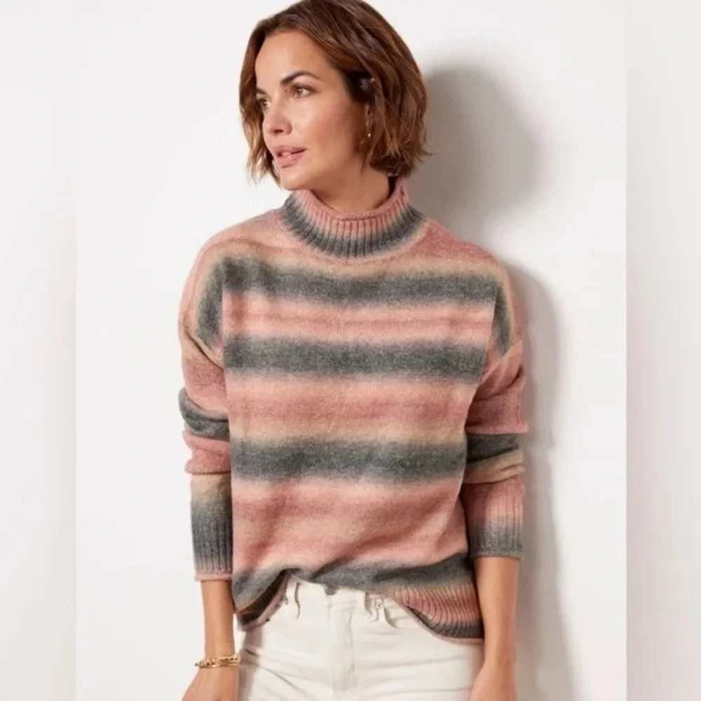 Evereve Rudy Spacedye Striped Pullover Mock Neck Sweater Medium Pink Wool Blend